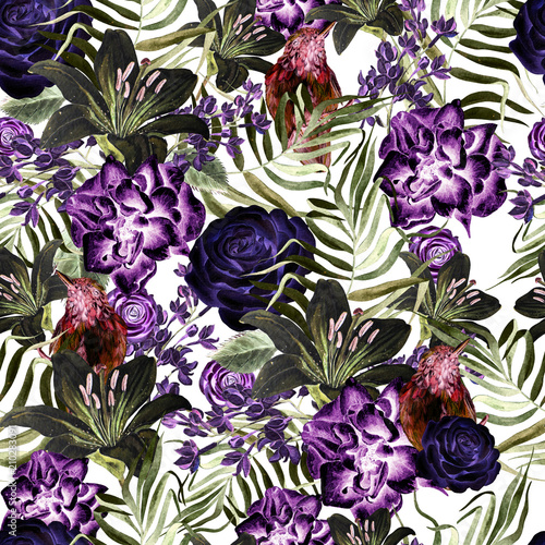 Beautiful watercolor pattern with peony and rose flowers, lily and tropical b...