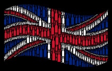 Waving United Kingdom State Flag On A Black Background. Vector Wine Bottle Pictograms Are Grouped Into Conceptual British Flag Composition. Patriotic Illustration Made Of Wine Bottle Icons.