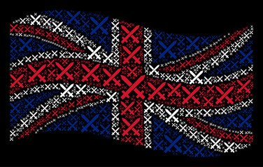 Waving English state flag on a black background. Vector crossing swords icons are grouped into conceptual UK flag illustration. Patriotic concept designed of crossing swords design elements.