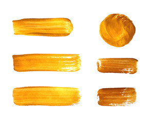 Wall Mural - Vector Set of Gold Paint Smears, Golden Brush Strokes Background.