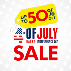 Wall Mural - 4th Of July USA, Independence Day Sale promotion banner. Fourth of july sale flyer, Discount special offer up to 50% off on yellow label. Online store, Sale vector background