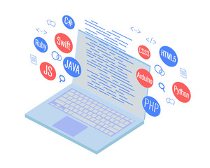 Wall Mural - programming banner, coding, best programming languages, isometric illustration concept