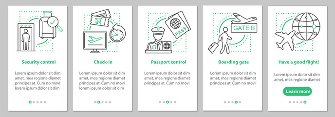 Airport service onboarding mobile app page screen with linear concepts