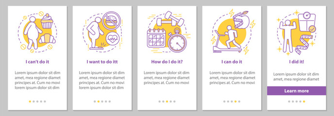 Weight lose steps onboarding mobile app page screen with linear 