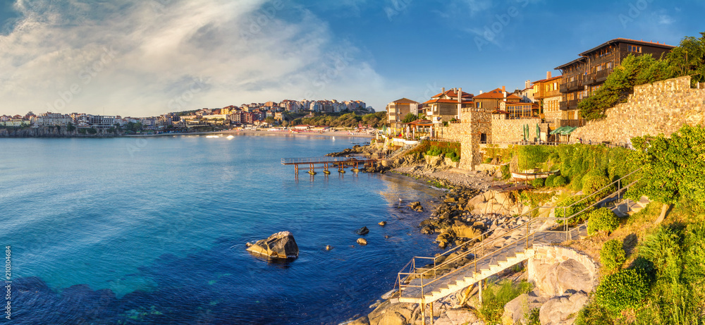 Coastal landscape banner, panorama - embankment with fortress wall in the city of Sozopol on the Black Sea coast in Bulgaria - obrazy, fototapety, plakaty 