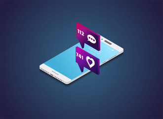 Income notification with like or message. Social network communication. Social like for uploaded video or photo on phone. Isometric line vector. Thin modern smartphone and 3d isometric effect.