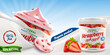 Strawberry Greek yogurt packaging jar ads with natural taste, flavor and small pieces of sliced strawbery berry in milk or cream wave realistic illustration, can be used for ice-cream packaging design