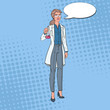 Pop Art Woman Scientist with Flask. Female Laboratory Researcher. Chemistry Pharmacology Concept. Vector illustration