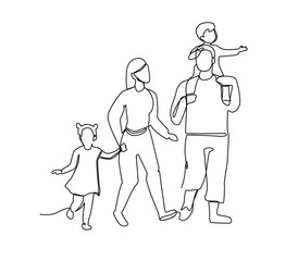 Wall Mural - Continuous Line Parents Walking with Children. One Line Happy Family. Contour People Outdoor. Parenting Characters. Vector illustration