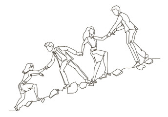 Wall Mural - Teamwork Concept Outline. Business People Climbing Together in Mountain Continuous Line Art. Partnership, Motivation Concept. Vector illustration