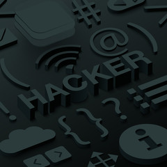 Wall Mural - black 3d hacker background with web symbols.