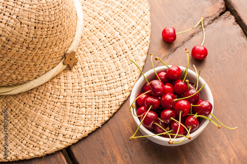Bright Red Ripe Freshly Picked Early Sweet Cherries In May On A