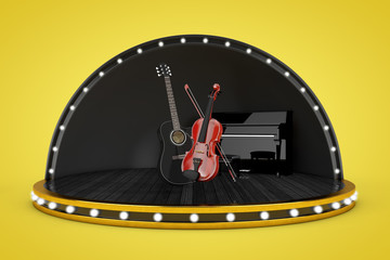 Poster - Stage Scene with Lights and Piano, Black Wooden Acoustic Guitar and Classical Wooden Violin with Bow. 3d Rendering
