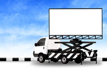 Billboard Blank On Car White Truck LED Panel For Sign Advertising Isolated On Background Sky, Large Banner And Billboard Roadside For An Advertisement Large