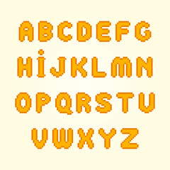 Aufkleber - Orange pixel font. Vector game alphabet set