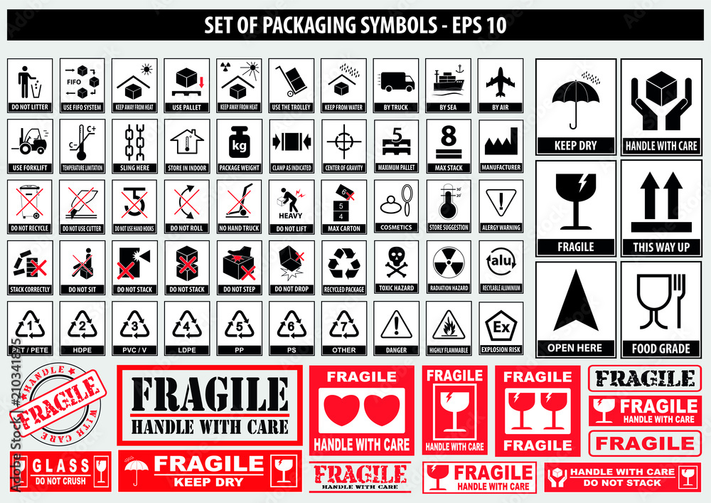 Set Of Packaging Symbols (this side up, handle with care, fragile, keep dry, keep away from direct sunlight, do not drop, do not litter, use only the trolley, use fifo system, max carton, recyclable) - obrazy, fototapety, plakaty 