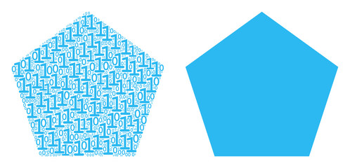 Filled pentagon collage icon of zero and null digits in different sizes. Vector digit symbols are arranged into filled pentagon composition design concept.