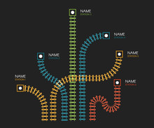 Railroad Tracks, Railway Simple Icon, Rail Track Direction, Train Tracks Colorful Vector Illustrations On Black Backgroud, Colorful Stairs, Subway Stations Map Top View, Infographic Elements.