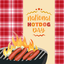 Hot Dogs Day Greeting Card. July National Hot Dog Month Holiday Celebration. Grilled Sausages Colorful American Food Symbol. Template For Summer Festival Carnival Event Background. Vector Illustration