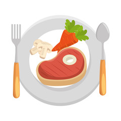 Sticker - delicious beef steak with carrots and mushroom vector illustration design