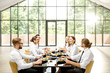 © rh2010 - Group of business people sitting together during a business lunch at the modern restaurant with big window on the background overlooking on the green park