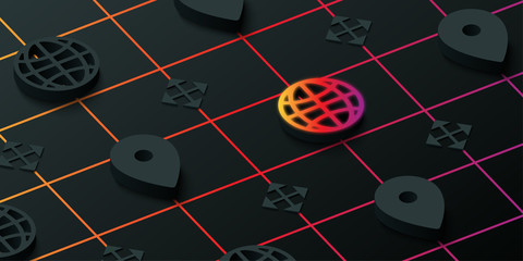 Wall Mural - black 3d navigation background with web symbols.