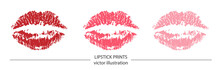 Set Of Red And Pink Lipstick Prints On White Background. Romantic Print With Lips. Realistic Vector Illustration. Kissing Lips Vector Design For Poster, Decoration, Logo, Card, Banner, Postcard, Print