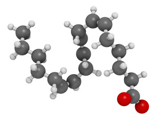 Sticker - Gamma-linolenic acid (GLA, gamolenic acid) molecule. Omega-6 fatty acid present in many vegetable oils, including evening primrose, chia, hemp and borage seed oils. 3D rendering. 