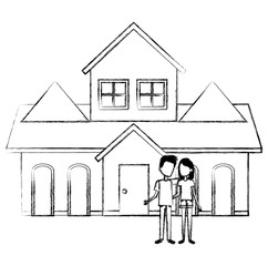 Poster - couple lovers outside the house vector illustration design