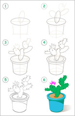 Wall Mural - page shows how to learn step by step to draw flowering cactus in a flowerpot. developing children sk