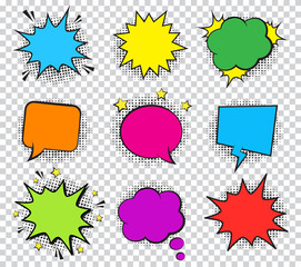 Wall Mural - set of empty retro colorful comic bubbles and elements with halftone shadows on trasparent backgroun