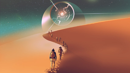 people walking through a desert to the mysterious building, digital art style, illustration painting