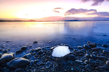 Global warming affects Jokulsarlon glacier lake in Iceland. Sunset during Winter season