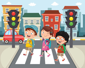 vector illustration of kids walking across crosswalk