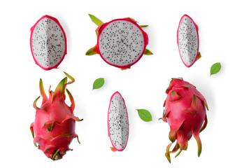 Wall Mural - pitaya or dragon fruit isolated on white background, flat lay, top view