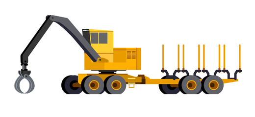 Minimalistic icon loader forwarder front side view. Loader forwarder for working at saw mill or lumber yard. Modern vector isolated illustration.