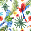 Watercolor vector seamless pattern with parrots, tropical leaves and flowers isolated on white background.