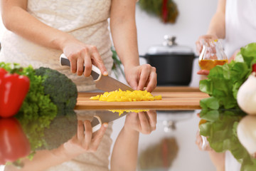 Closeup of human hands cooking in kitchen. Mother and daughter or two female friends cutting vegetables for fresh salad. Healthy meal, vegetarian food and lifestyle concepts