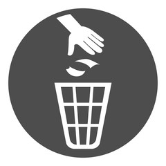 Sticker - Trash bin sign. Hand throwing garbage into trash can. Vector illustration.