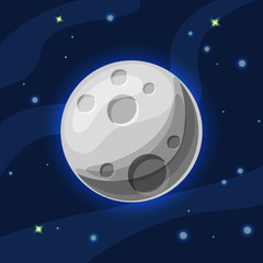 Wall Mural - vector grey and blue moon in deep dark blue space with cartoon glow. flat modern style. moon in spac