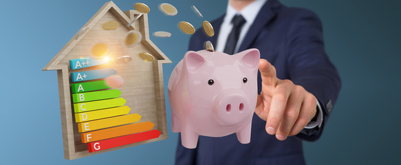 Wall Mural - businessman saving money with good energy chart rating 3d rendering