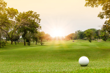 Golf ball on beautiful green grass with sunlight in morning time. Sport and recreation playground for golf club concept.