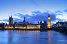 Big Ben In London City, United Kingdom. Dark Scene Sunset