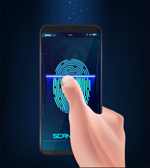 Aufkleber - Hand holding smart phone with process of scanning fingerprint on the screen. Flat style vector illustration
