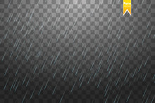 Rain Transparent Template Background. Falling Water Drops Texture. Nature Rainfall On Checkered Background.