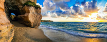 Amazing Sea Sunset In Small Hidden Beach In Tropea, Calabria, Italy