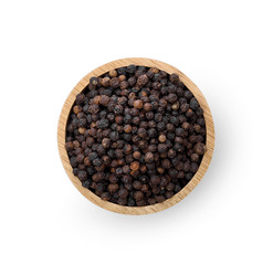 Wall Mural - black peppercorns in wooden bowl isolated on white background