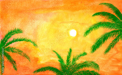 Naklejka - mata magnetyczna na lodówkę Liście palmy o zachodzie słońca - ilustracja