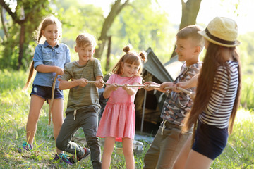 Wall Mural - little children pulling rope outdoors. summer camp