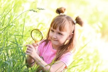 Poster - Little girl exploring plant outdoors. Summer camp